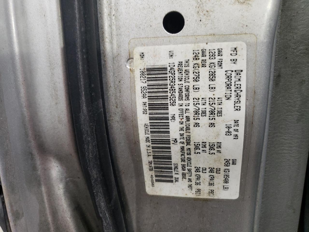 2004 Dodge Caravan Se VIN: 1D4GP25R34B545250 Lot: 83113914