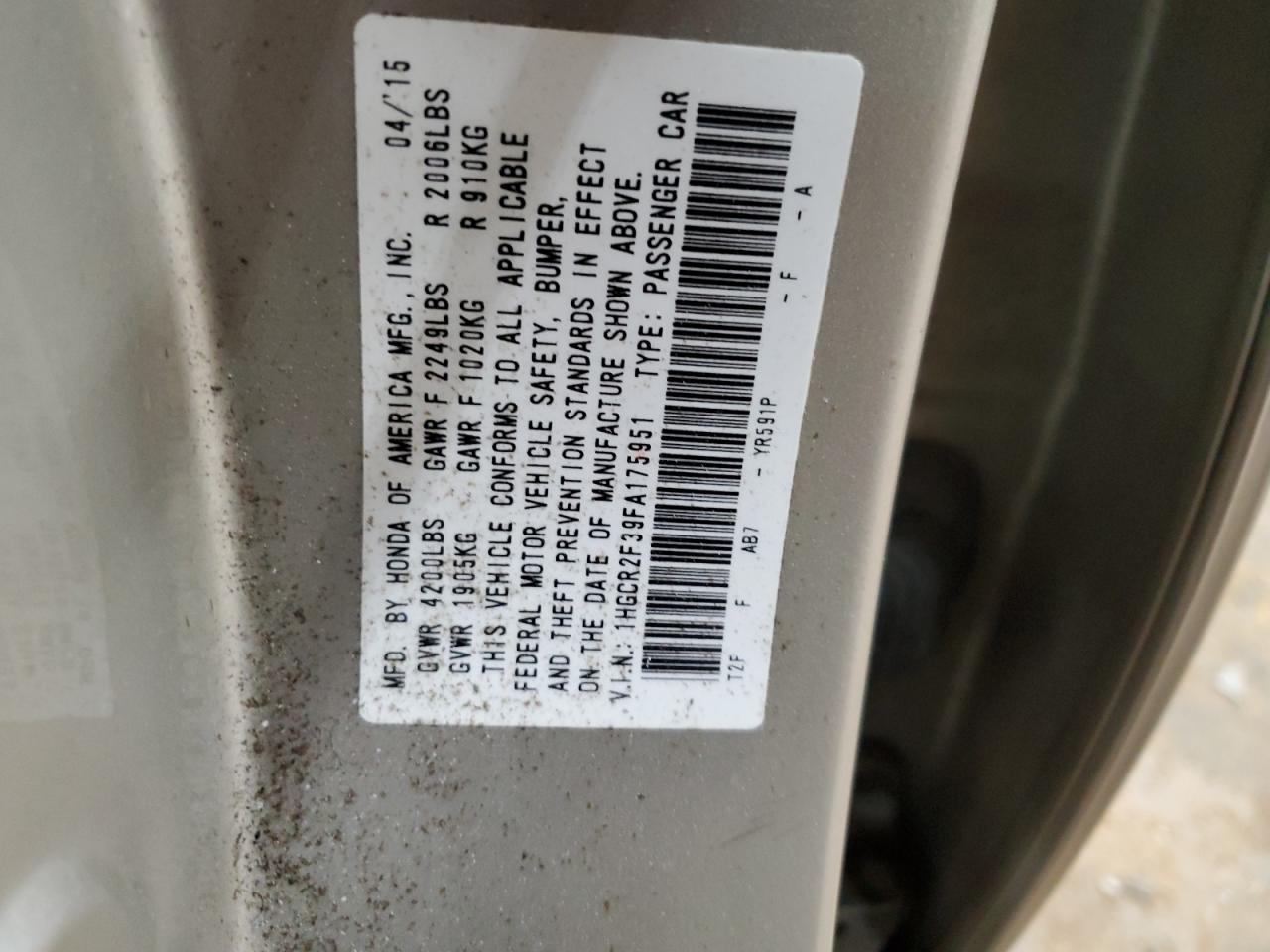 VIN 1HGCR2F39FA175951 2015 HONDA ACCORD no.12