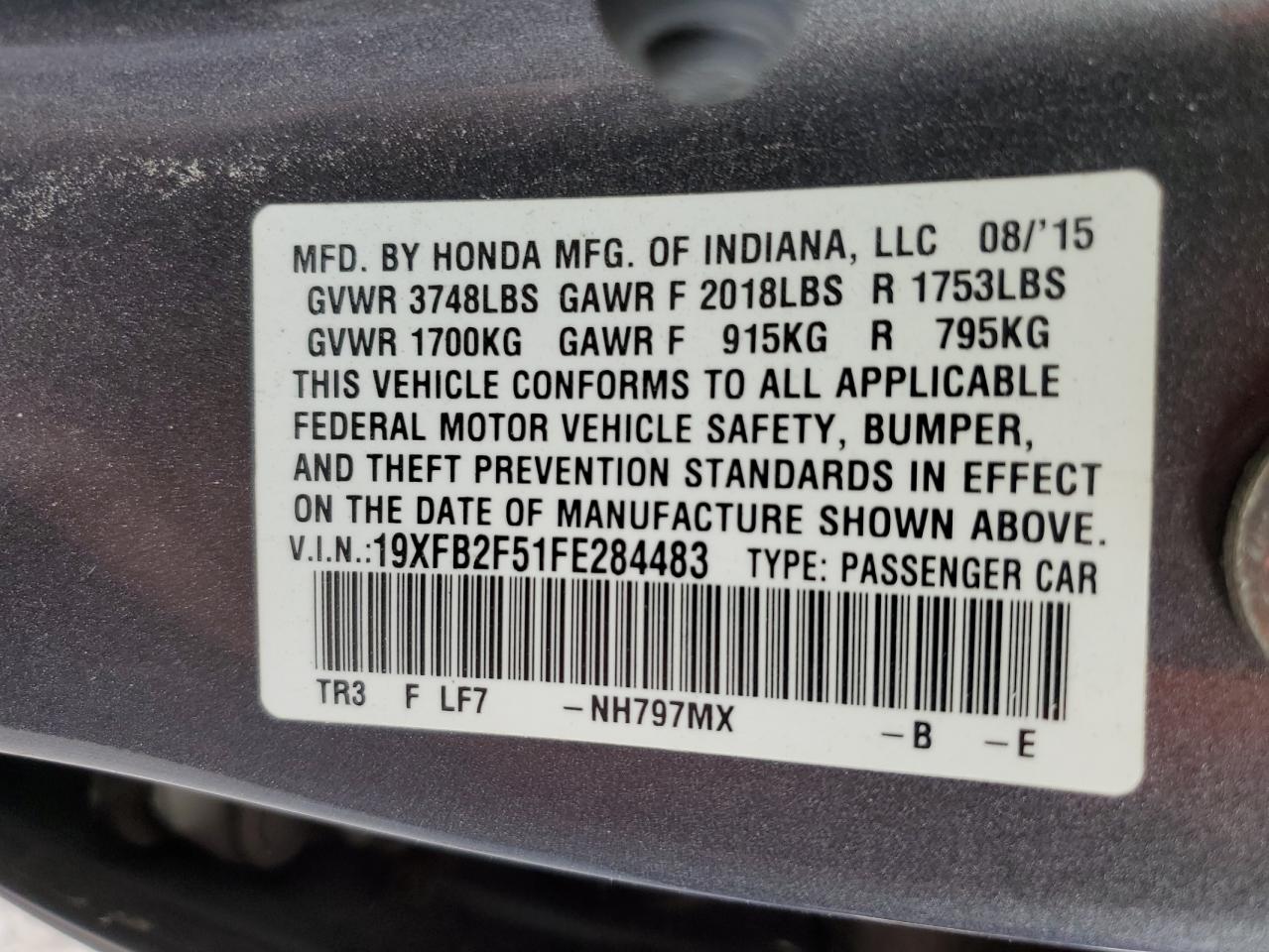 VIN 19XFB2F51FE284483 2015 HONDA CIVIC no.13