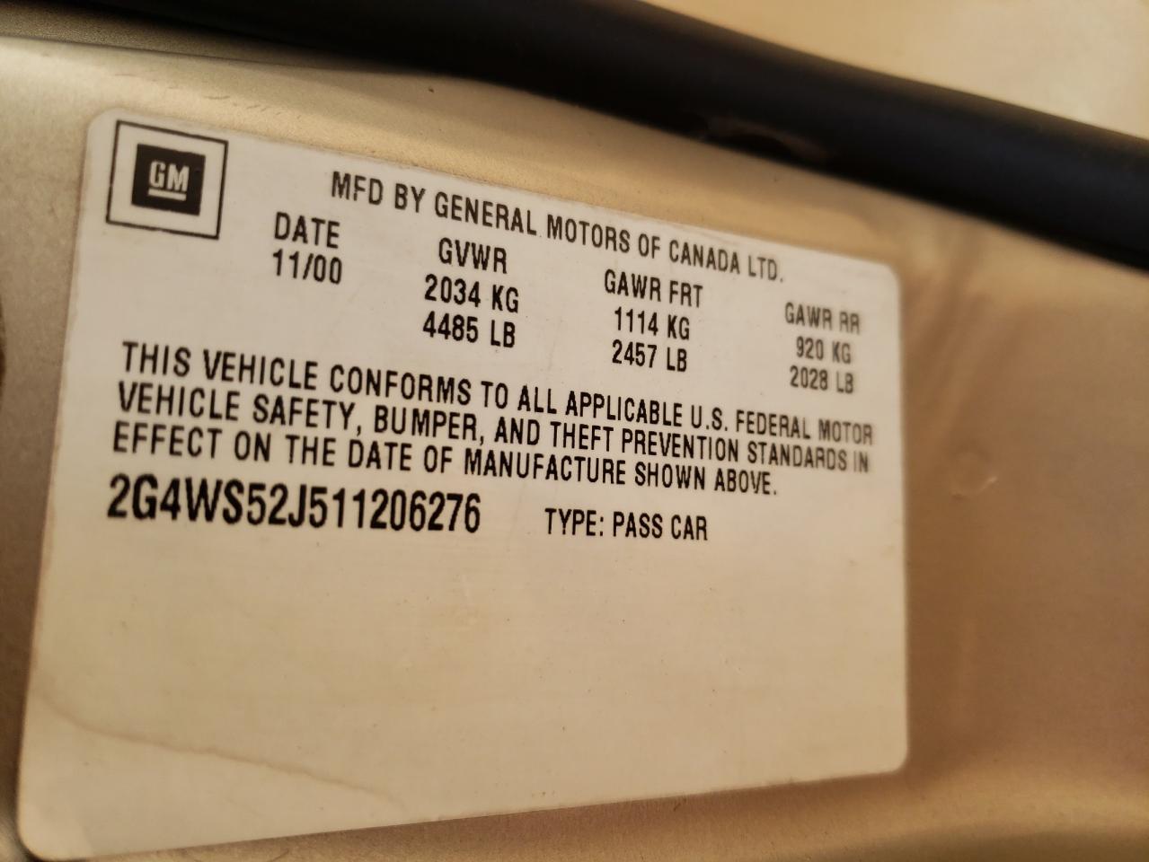 2001 Buick Century Custom VIN: 2G4WS52J511206276 Lot: 83896054