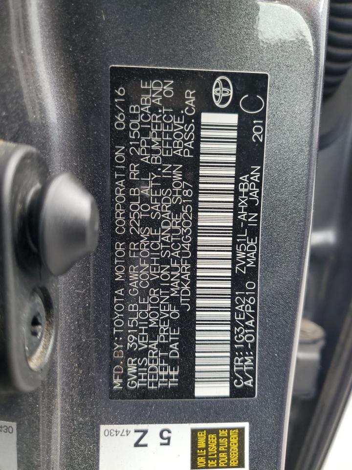 VIN JTDKARFU4G3025187 2016 TOYOTA PRIUS no.13