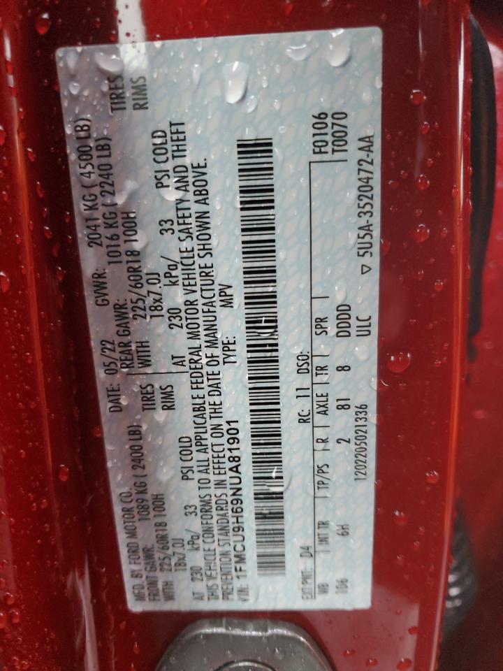 2022 Ford Escape Sel VIN: 1FMCU9H69NUA81901 Lot: 82141034