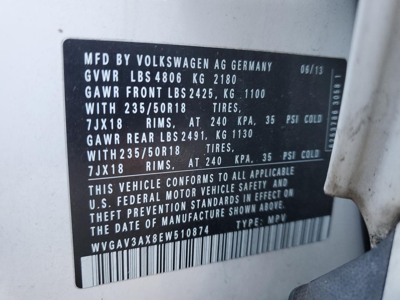 VIN WVGAV3AX8EW510874 2014 VOLKSWAGEN TIGUAN no.13