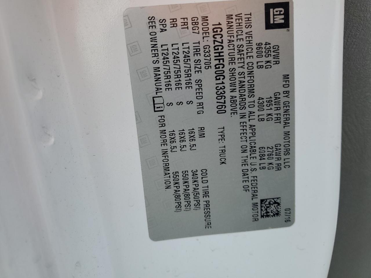 1GCZGHFG0G1336760 CHEVROLET EXPRESS 2016
