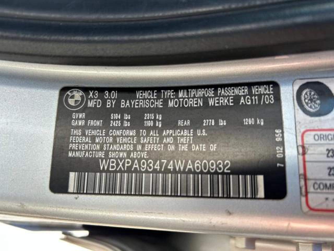 2004 BMW X3 3.0I VIN: WBXPA93474WA60932 Lot: 85779674