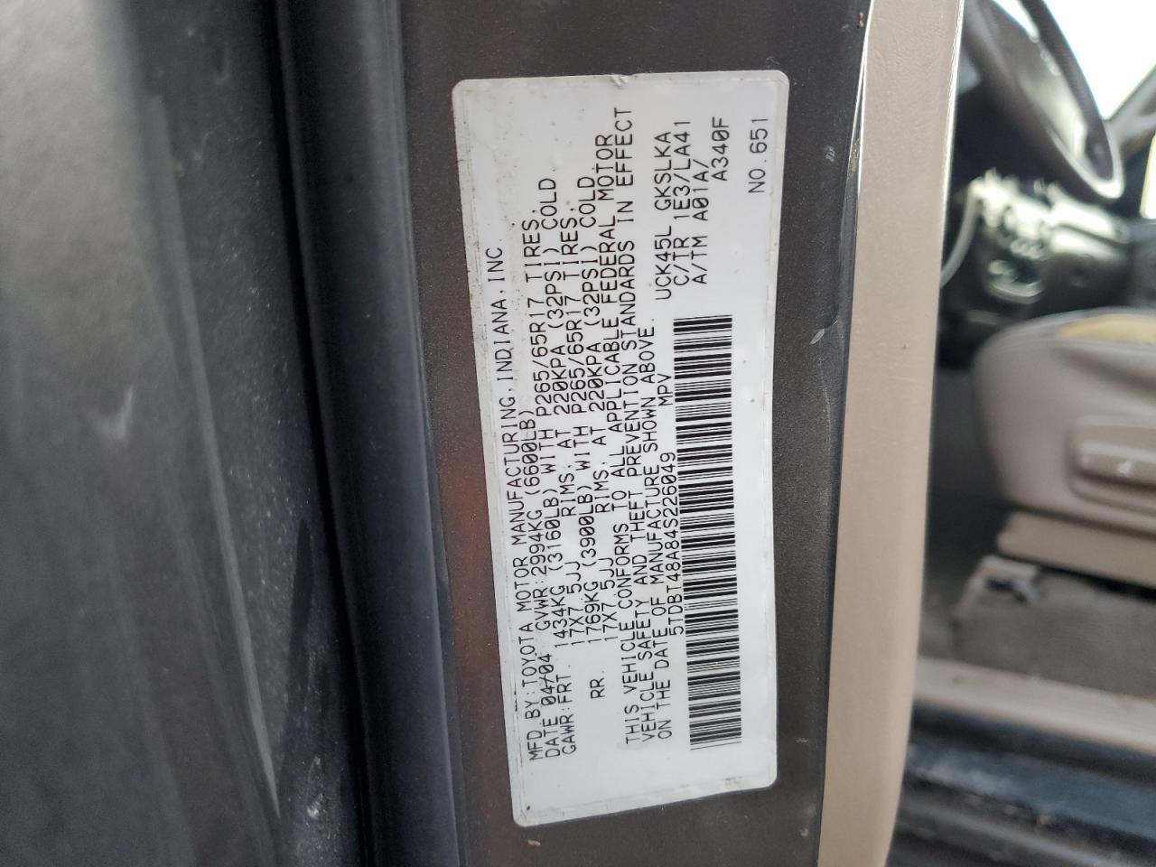 2004 Toyota Sequoia Limited VIN: 5TDBT48A84S226049 Lot: 86747184