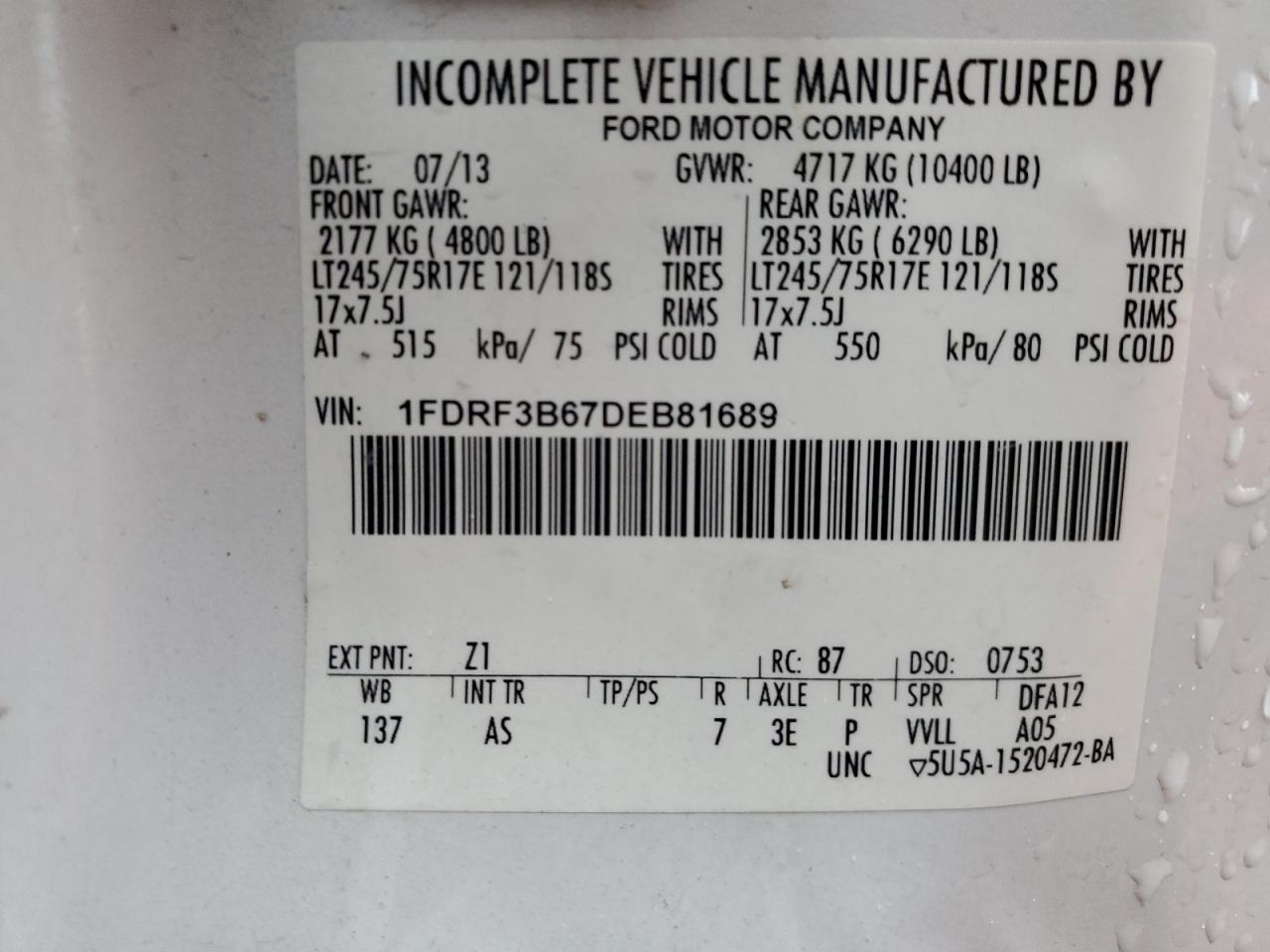 2013 Ford F350 Super Duty VIN: 1FDRF3B67DEB81689 Lot: 83001654