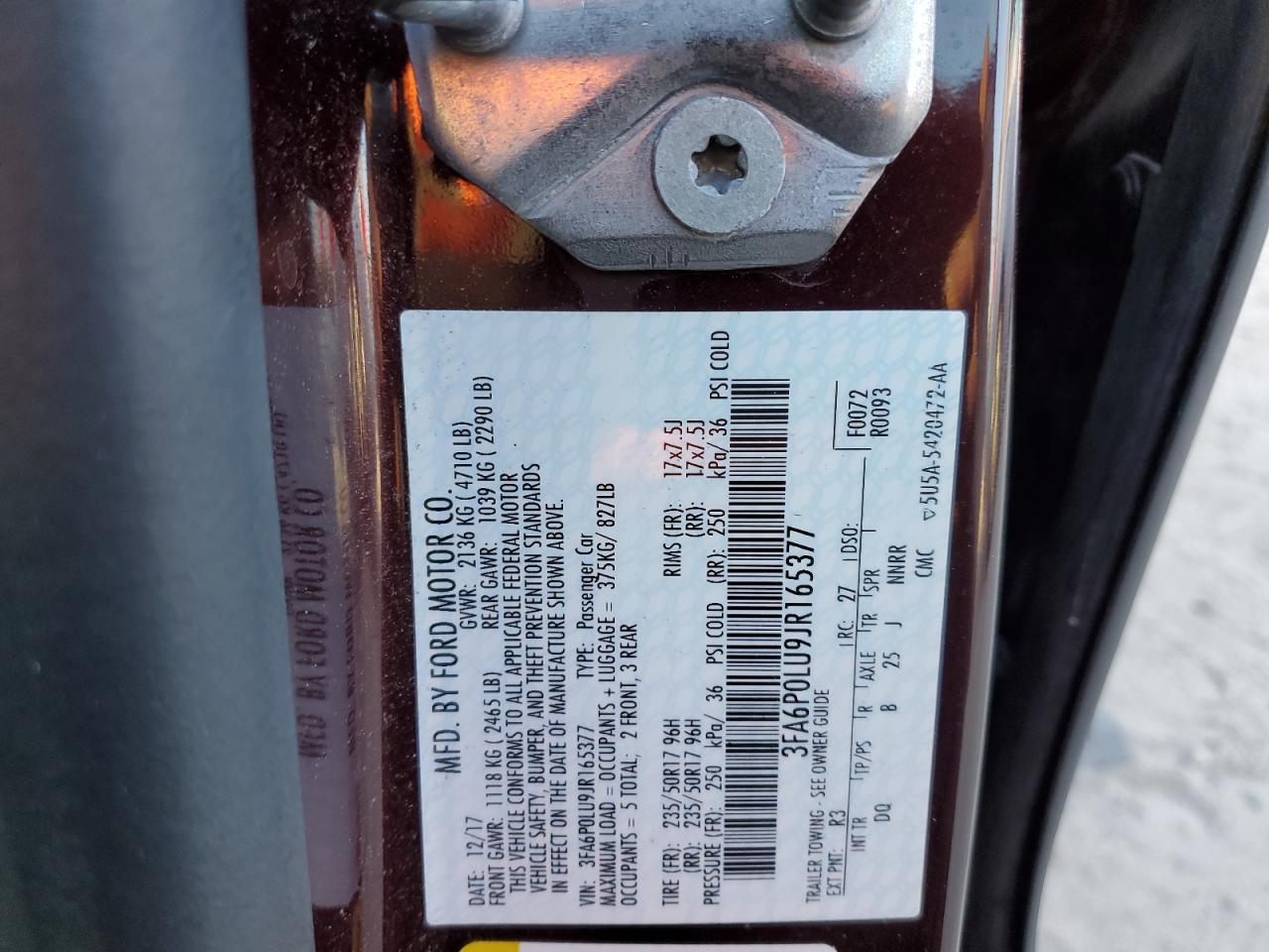 3FA6P0LU9JR165377 FORD FUSION 2018