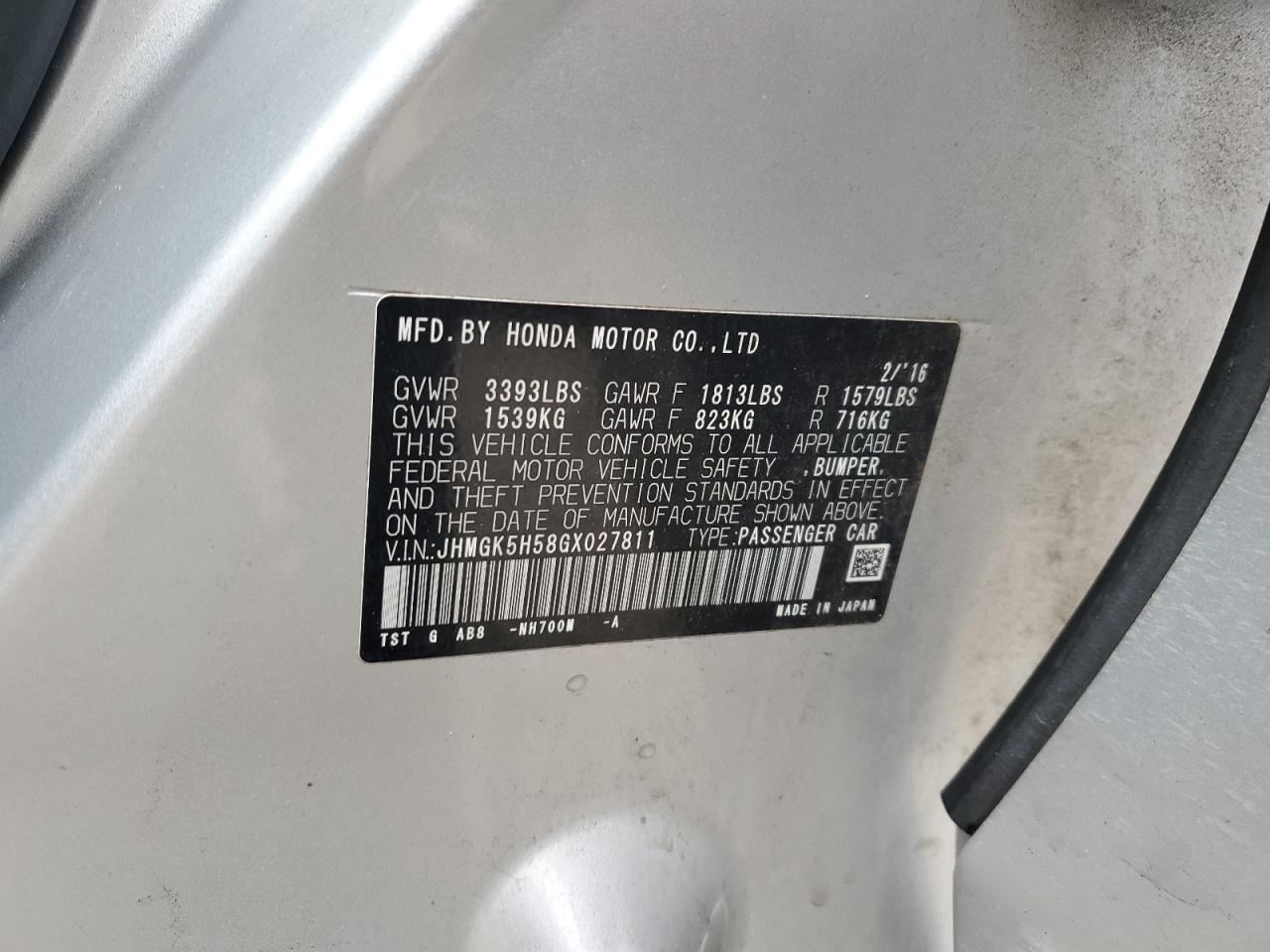 VIN JHMGK5H58GX027811 2016 HONDA FIT no.12