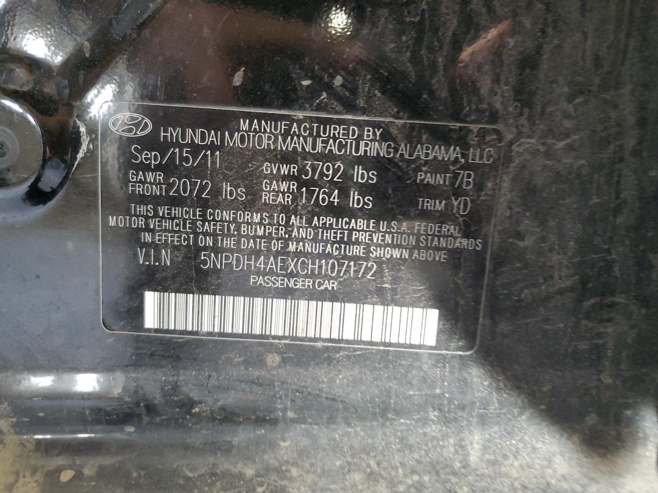 2012 Hyundai Elantra Gls VIN: 5NPDH4AEXCH107172 Lot: 85738774