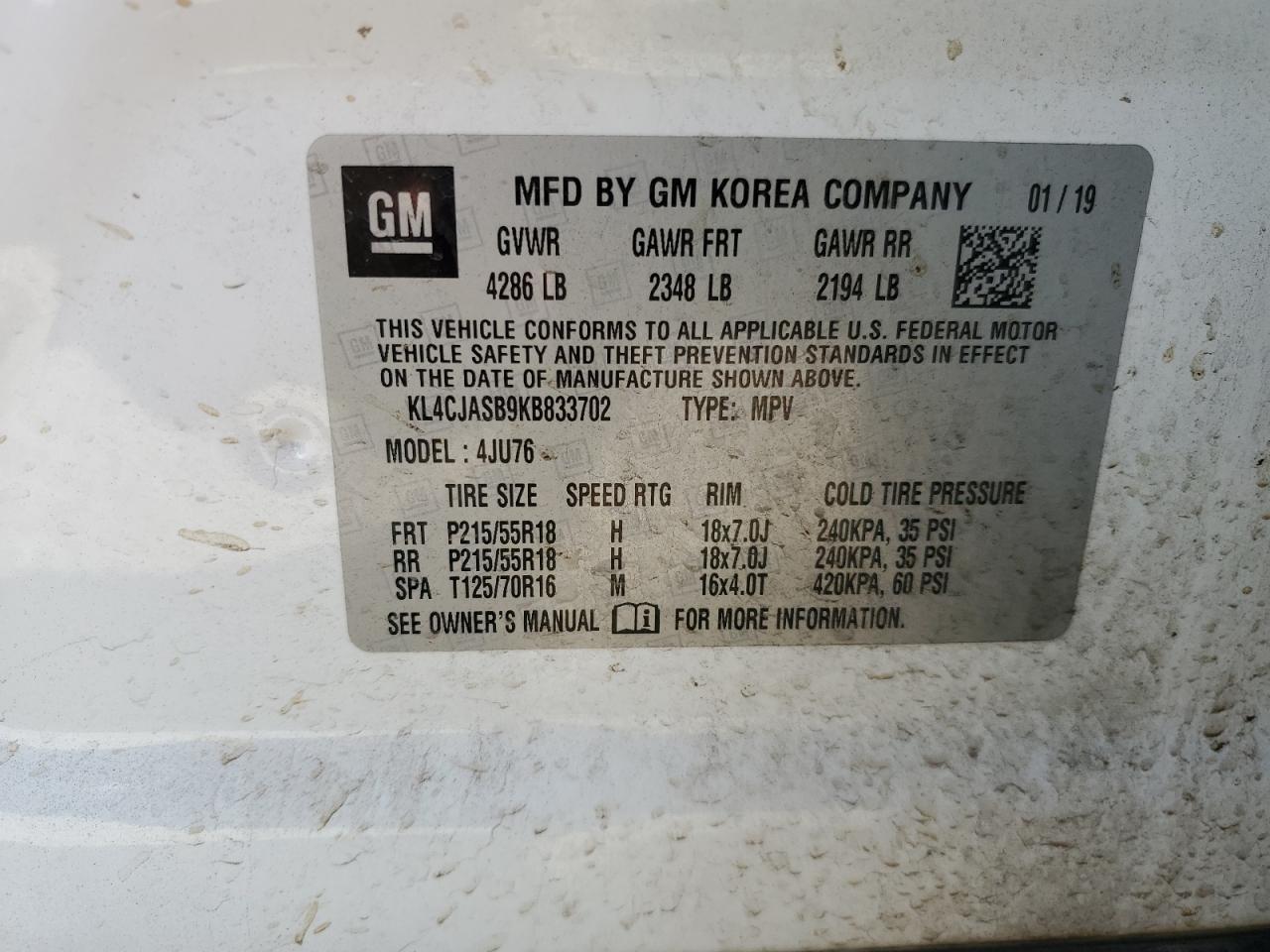 2019 Buick Encore Preferred VIN: KL4CJASB9KB833702 Lot: 83080184