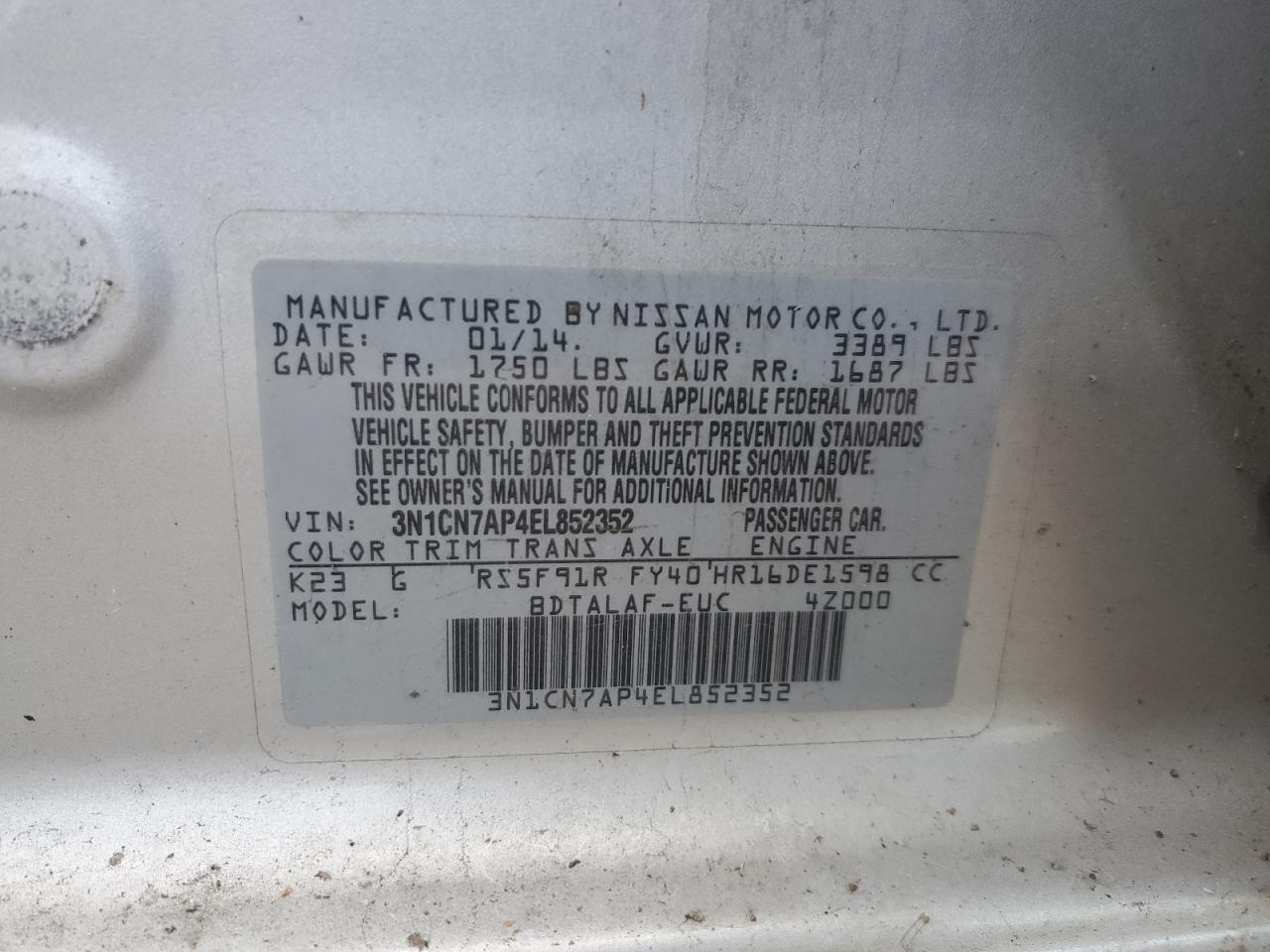 VIN 3N1CN7AP4EL852352 2014 NISSAN VERSA no.13