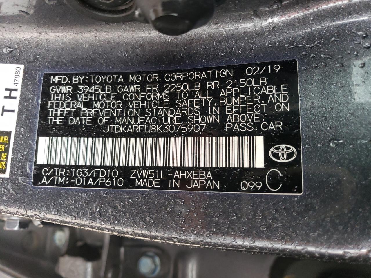 VIN JTDKARFU8K3075907 2019 TOYOTA PRIUS no.14