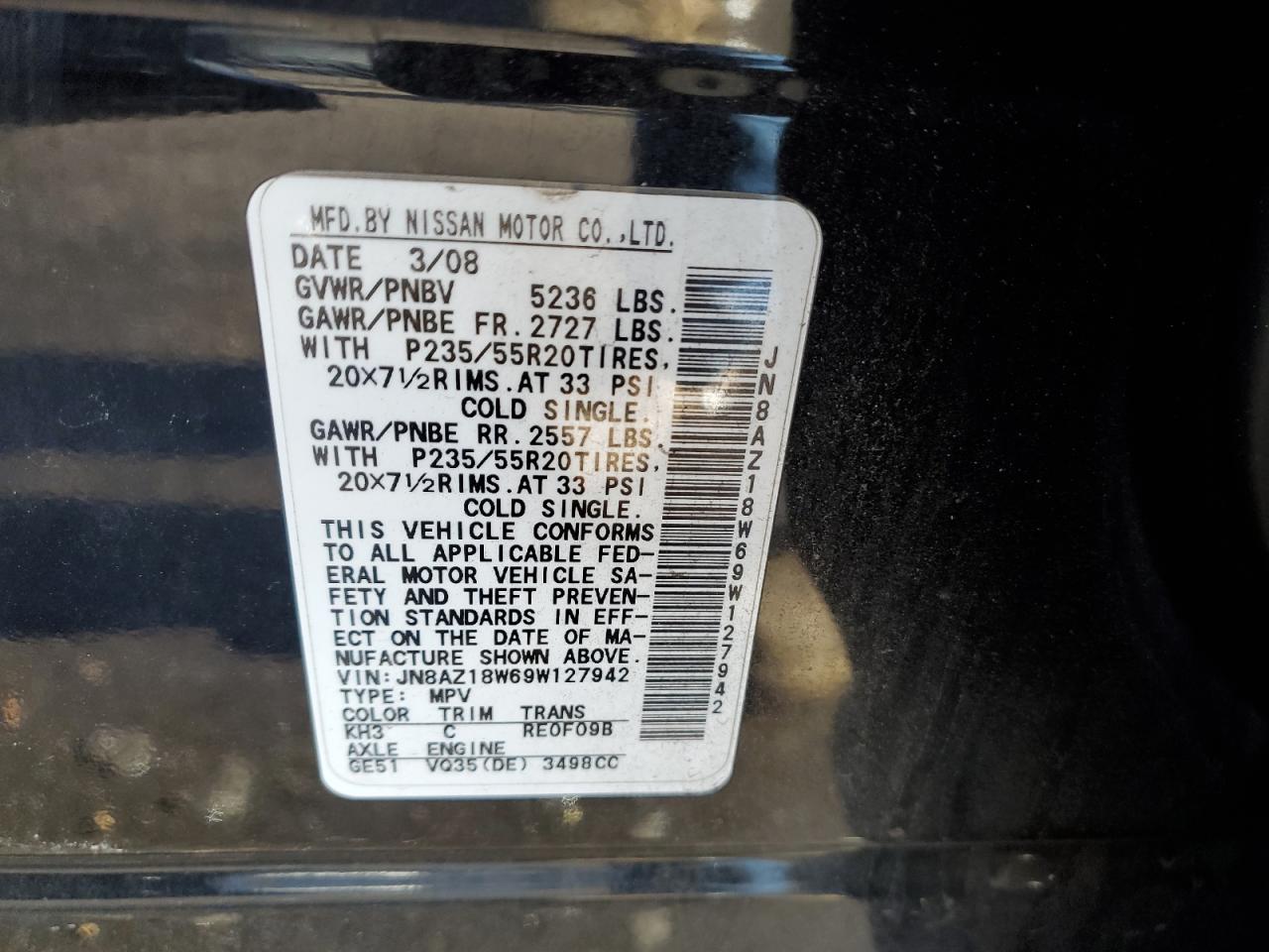 2009 Nissan Murano S VIN: JN8AZ18W69W127942 Lot: 84022424