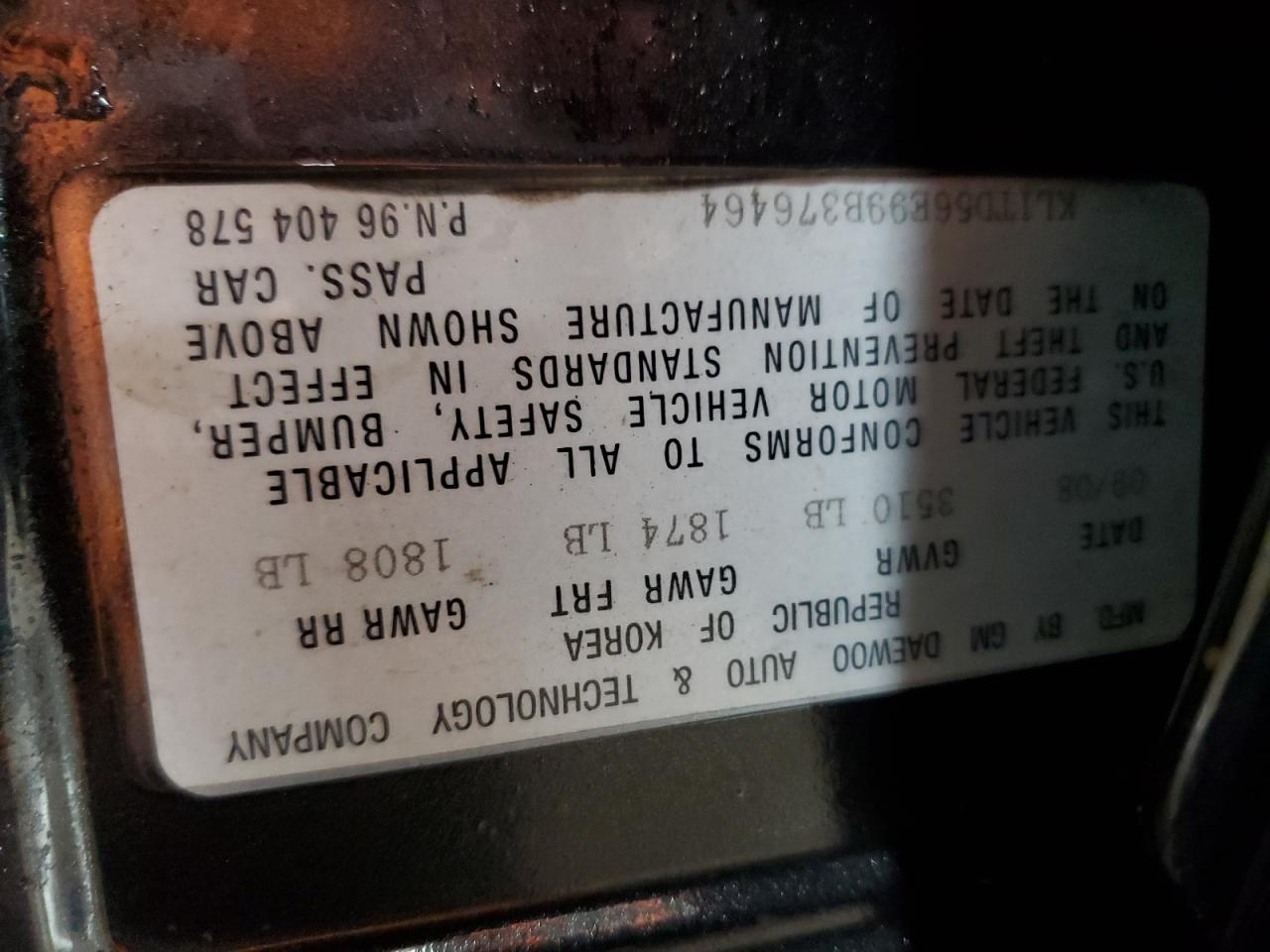 2009 Chevrolet Aveo Ls VIN: KL1TD56E99B376464 Lot: 85800994