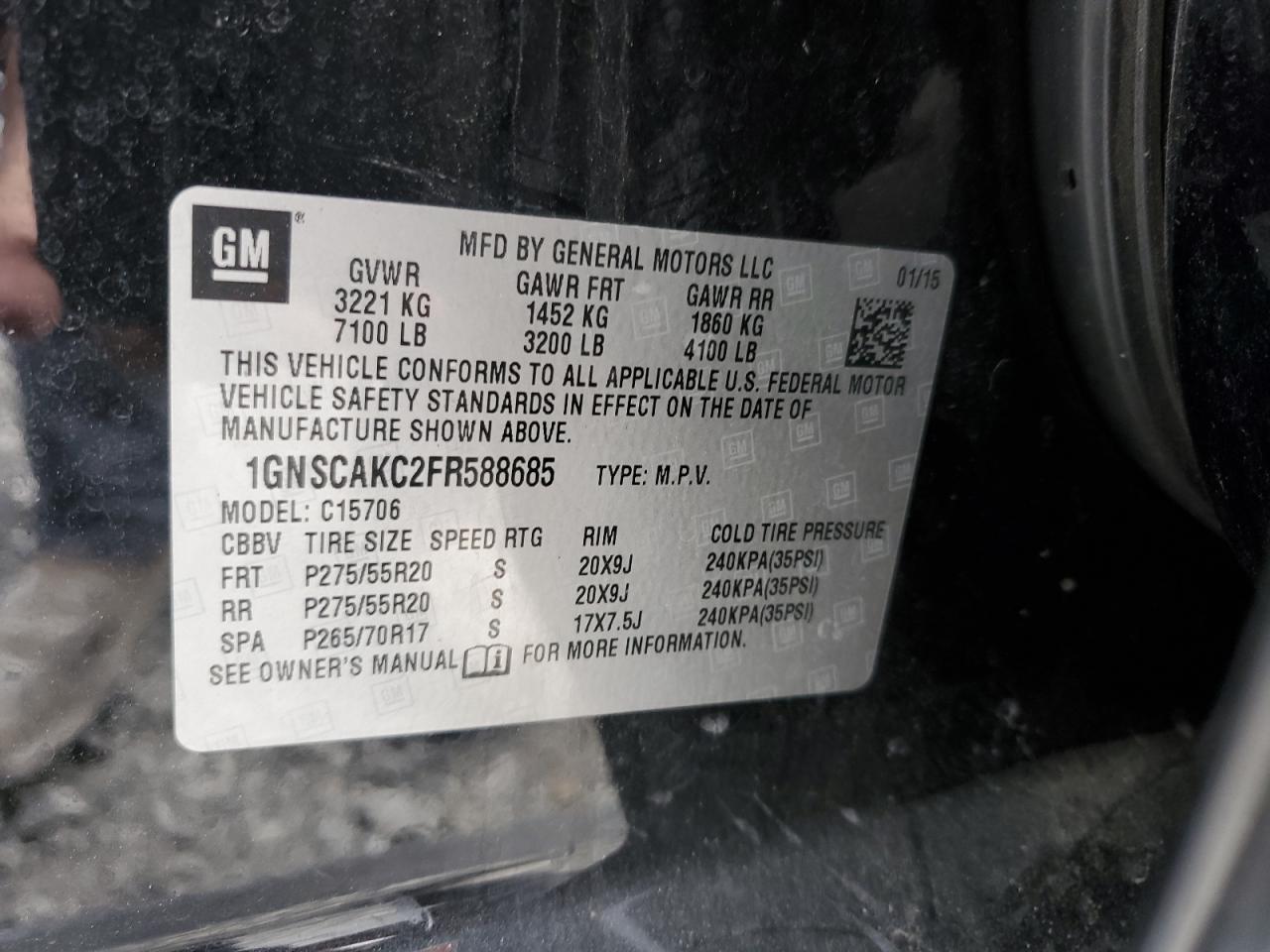 2015 Chevrolet Tahoe C1500 Ls VIN: 1GNSCAKC2FR588685 Lot: 85131644