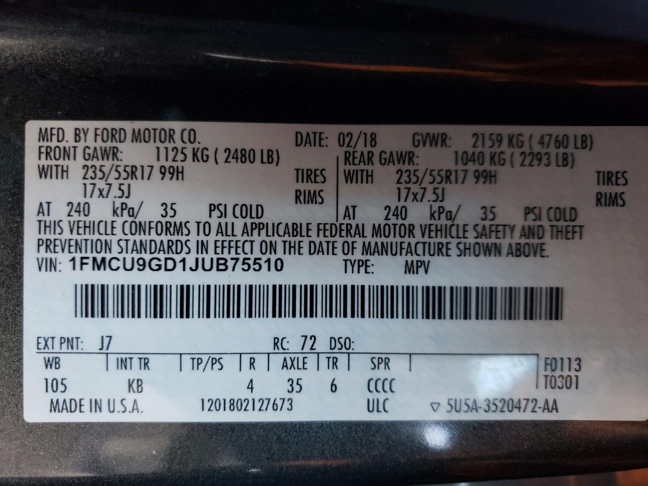 1FMCU9GD1JUB75510 FORD ESCAPE 2018