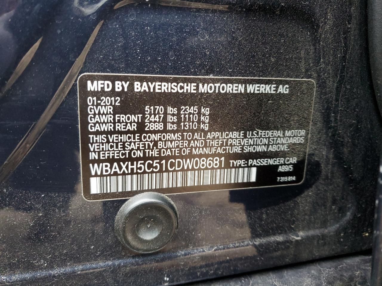 2012 BMW 528 Xi VIN: WBAXH5C51CDW08681 Lot: 85310014