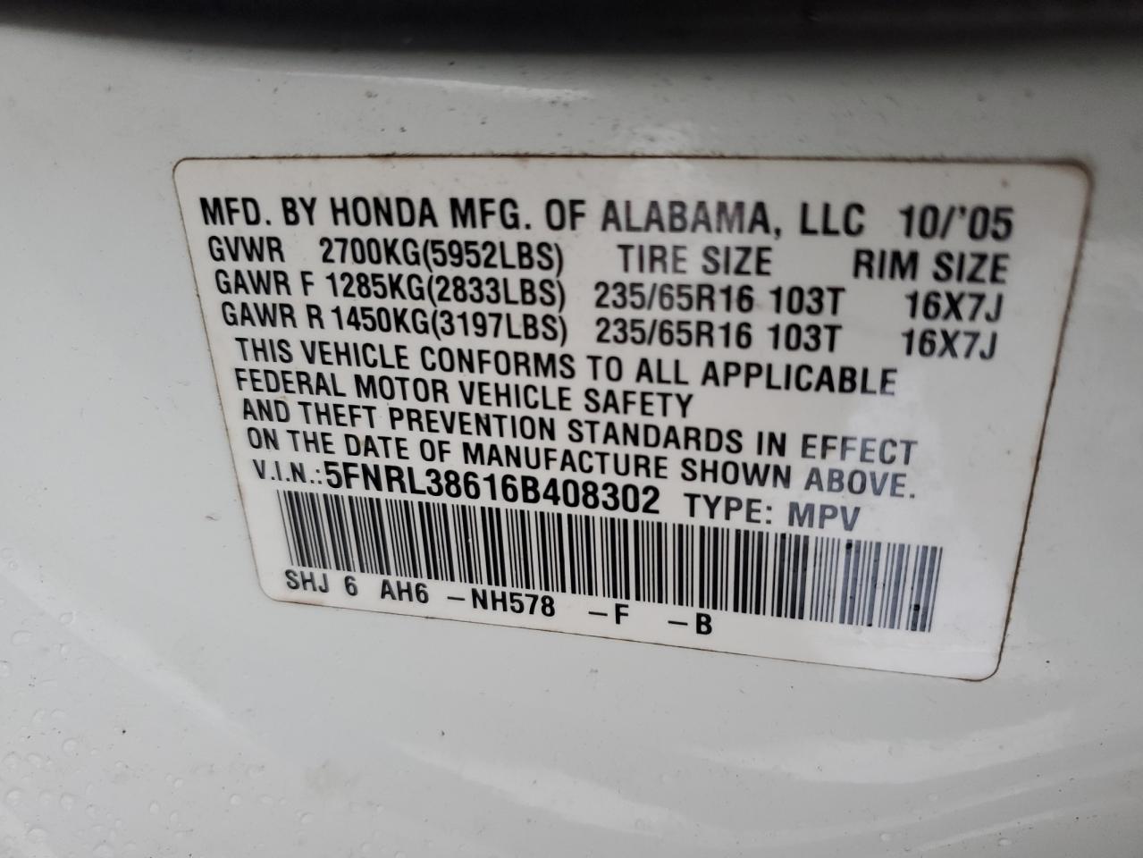 2006 Honda Odyssey Exl VIN: 5FNRL38616B408302 Lot: 83334074