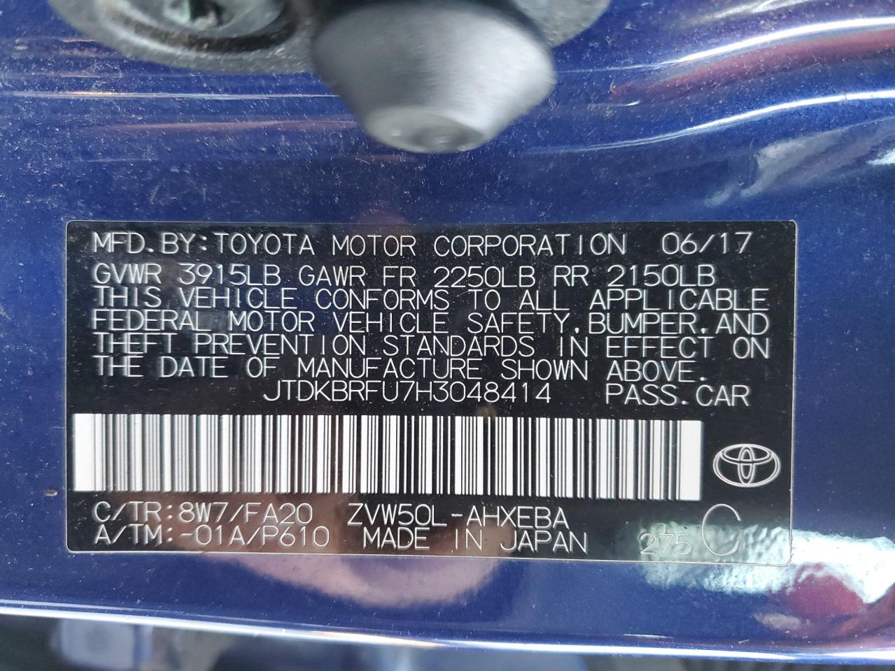 VIN JTDKBRFU7H3048414 2017 TOYOTA PRIUS no.13