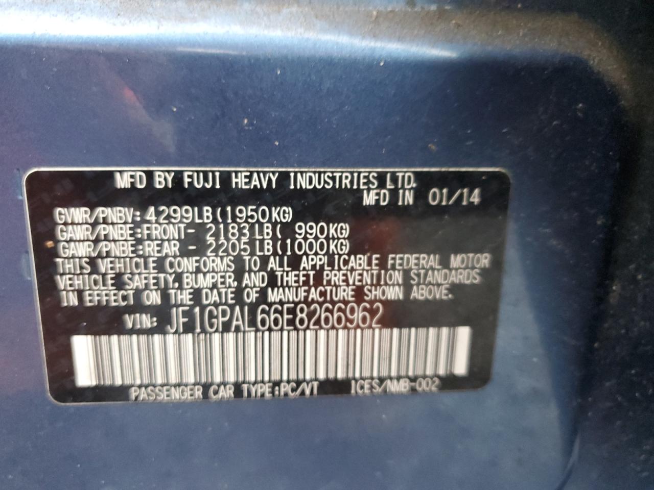 VIN JF1GPAL66E8266962 2014 SUBARU IMPREZA no.12