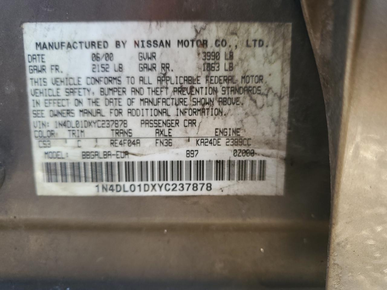 2000 Nissan Altima Xe VIN: 1N4DL01DXYC237878 Lot: 89108325