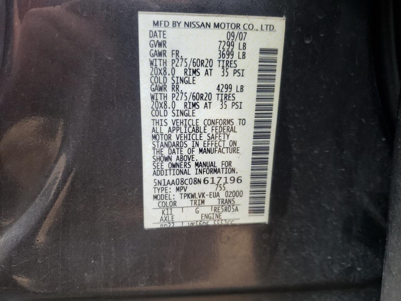 2008 Nissan Armada Se VIN: 5N1AA08C08N617196 Lot: 85173064