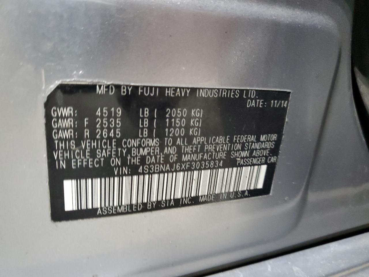 VIN 4S3BNAJ6XF3035834 2015 SUBARU LEGACY no.13