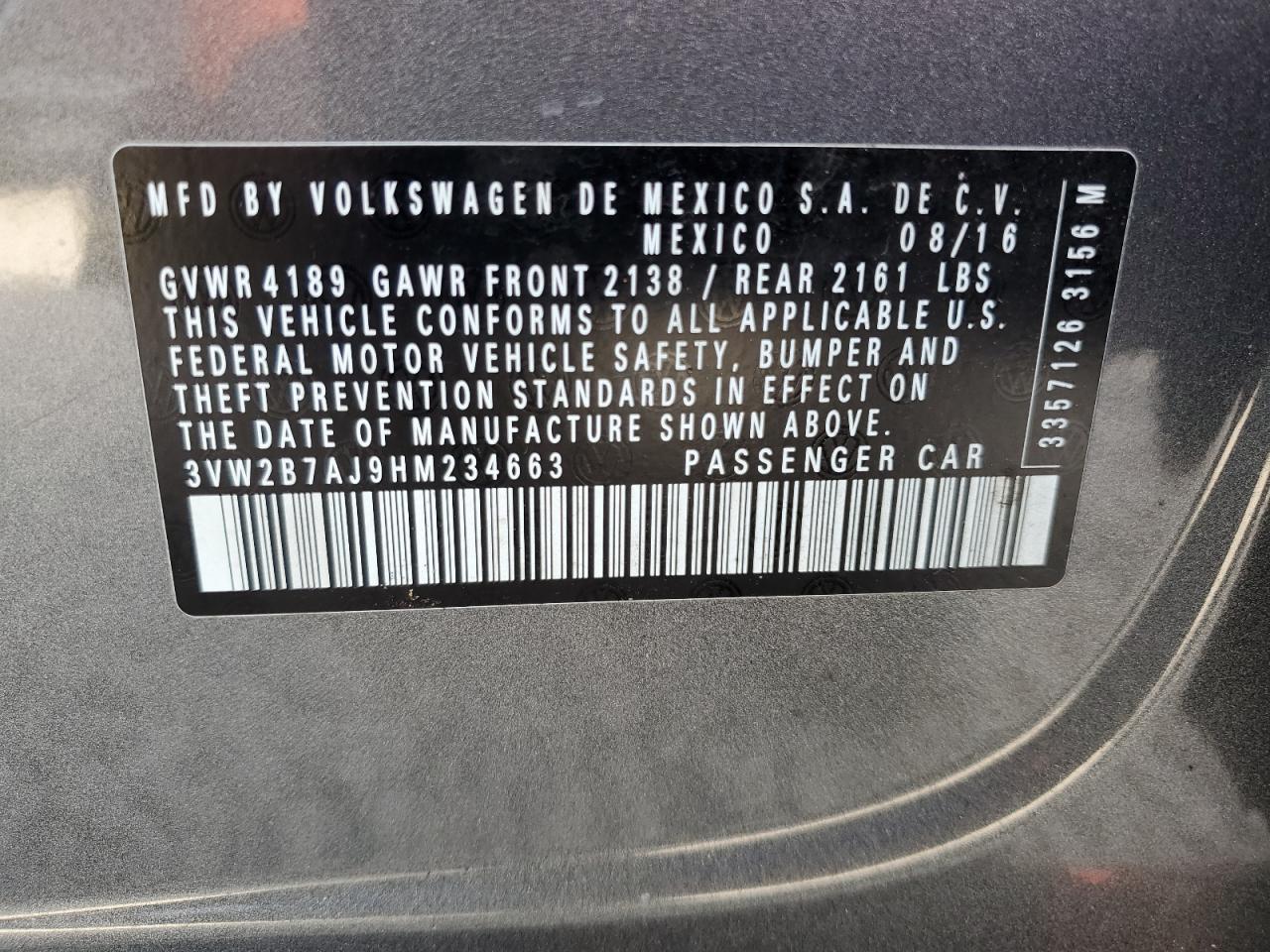 2017 Volkswagen Jetta S VIN: 3VW2B7AJ9HM234663 Lot: 85971924