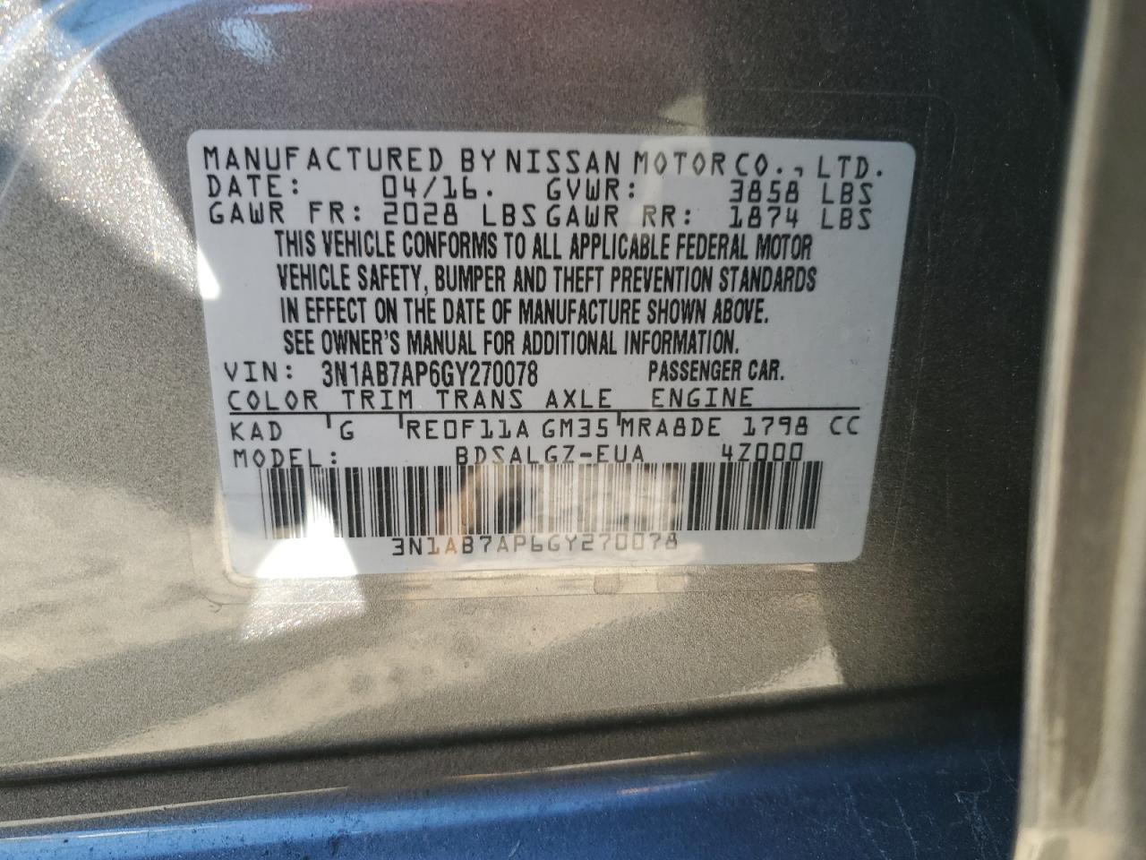 VIN 3N1AB7AP6GY270078 2016 NISSAN SENTRA no.13