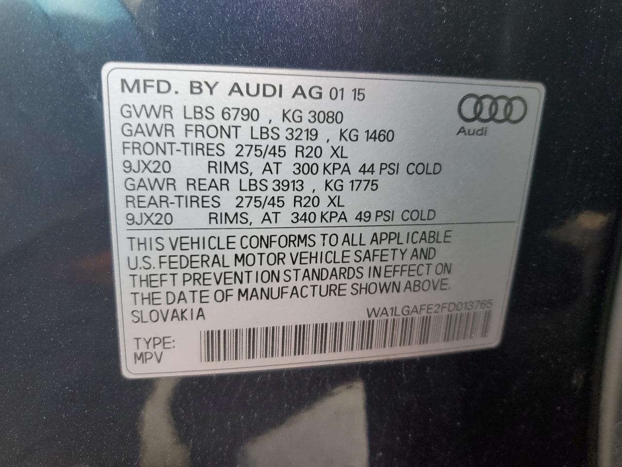 VIN WA1LGAFE2FD013765 2015 AUDI Q7 no.13