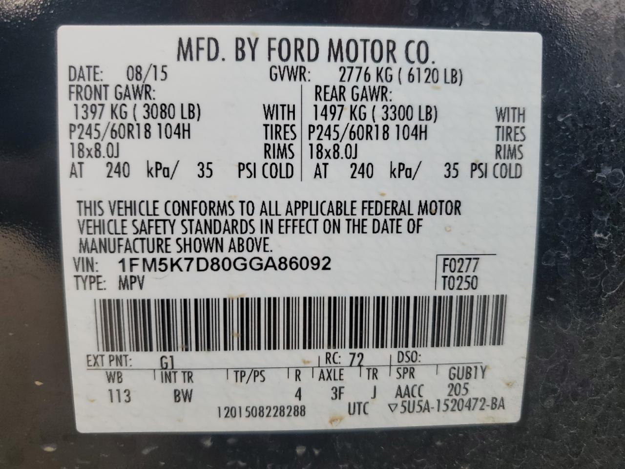 VIN 1FM5K7D80GGA86092 2016 FORD EXPLORER no.13