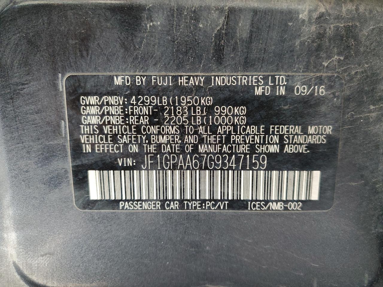2016 Subaru Impreza VIN: JF1GPAA67G9347159 Lot: 83016464