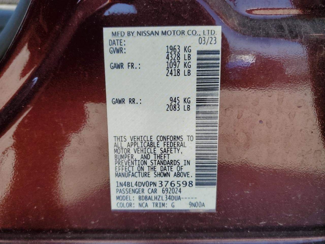 VIN 1N4BL4DV0PN376598 2023 NISSAN ALTIMA no.12