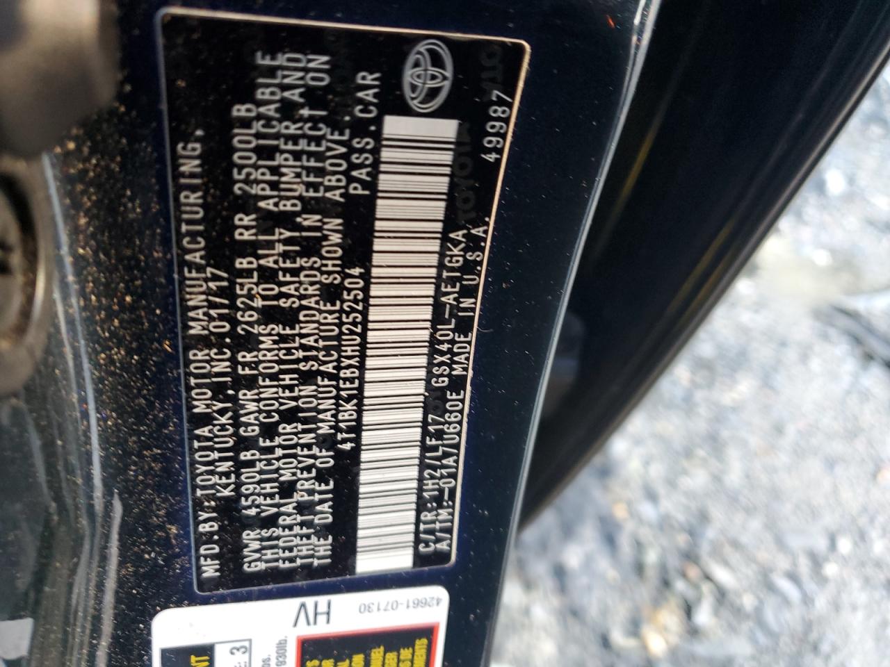 4T1BK1EBXHU252504 TOYOTA AVALON 2017