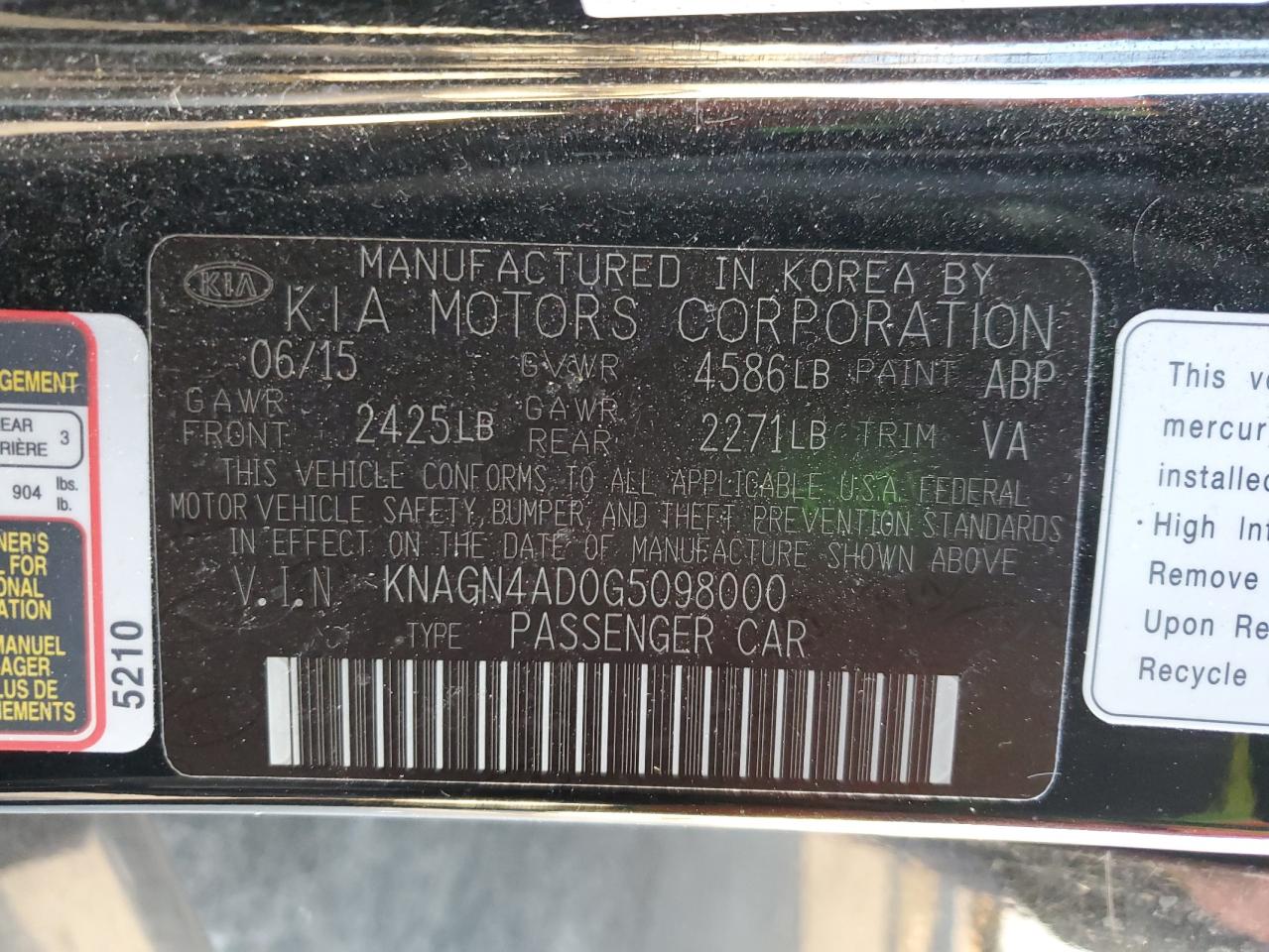 VIN KNAGN4AD0G5098000 2016 KIA OPTIMA no.12