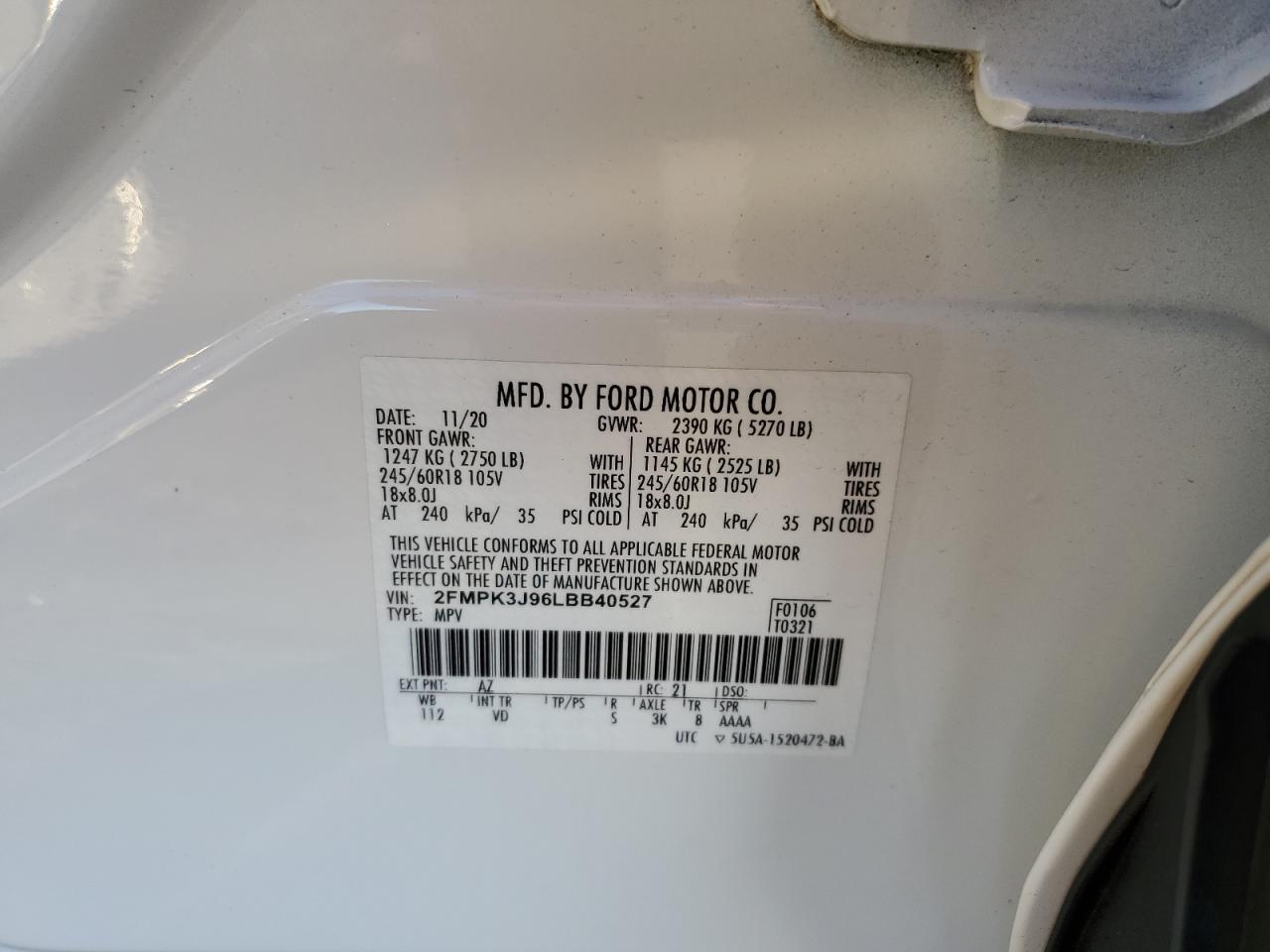 2020 Ford Edge Sel VIN: 2FMPK3J96LBB40527 Lot: 85461314