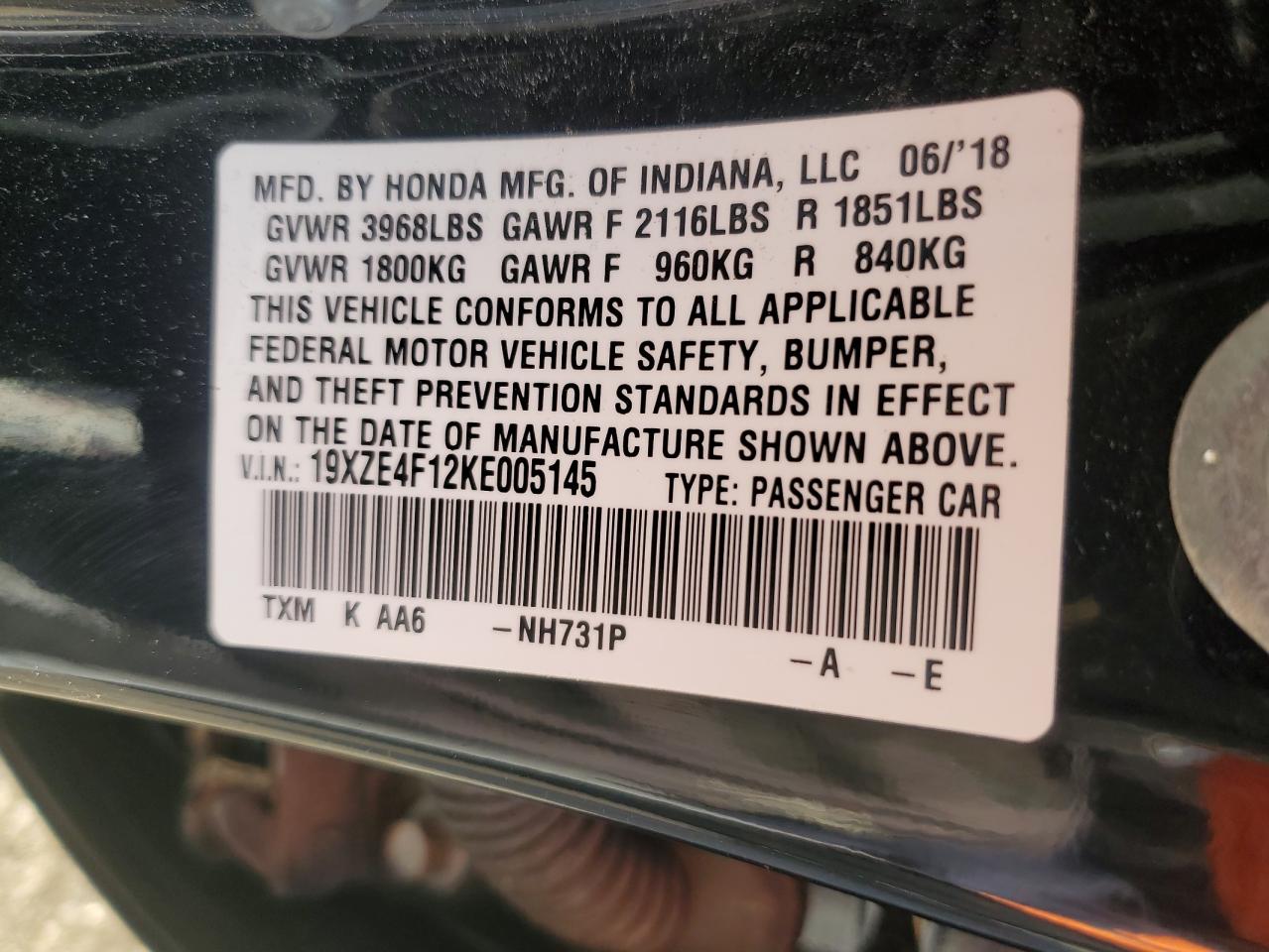 VIN 19XZE4F12KE005145 2019 HONDA INSIGHT no.13