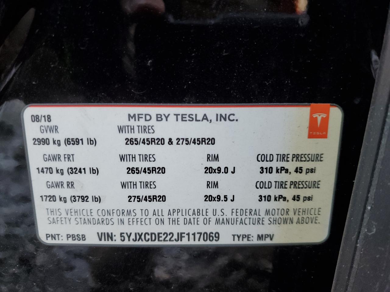 2018 Tesla Model X VIN: 5YJXCDE22JF117069 Lot: 85254704