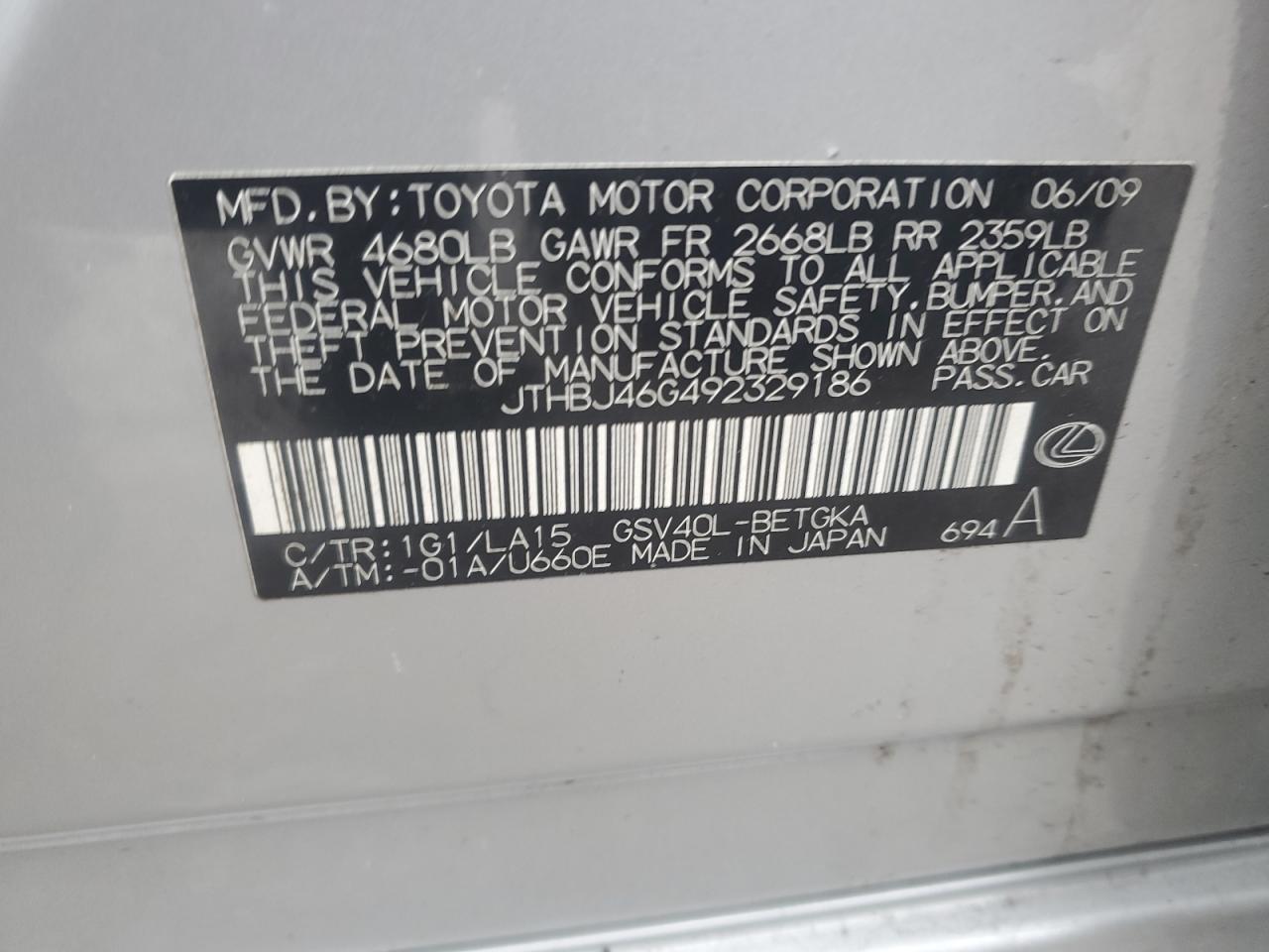 2009 Lexus Es 350 VIN: JTHBJ46G492329186 Lot: 85572984