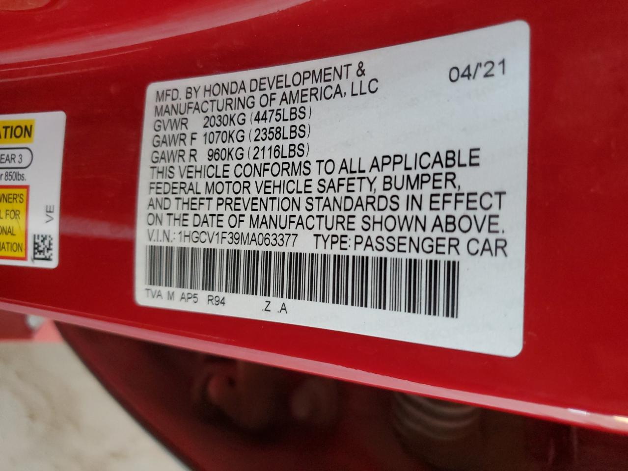 1HGCV1F39MA063377 HONDA ACCORD 2021