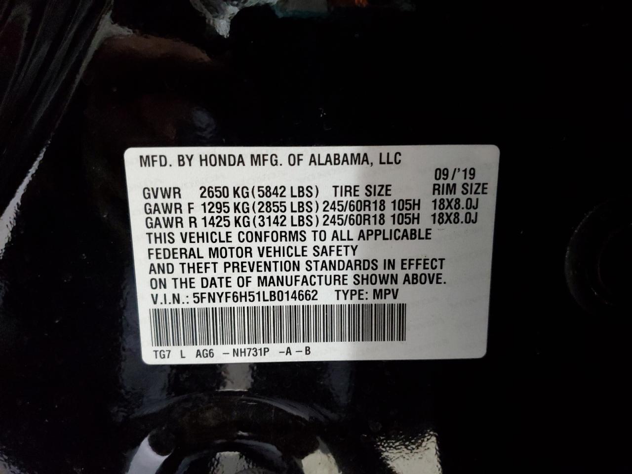 2020 Honda Pilot Exl VIN: 5FNYF6H51LB014662 Lot: 86713594