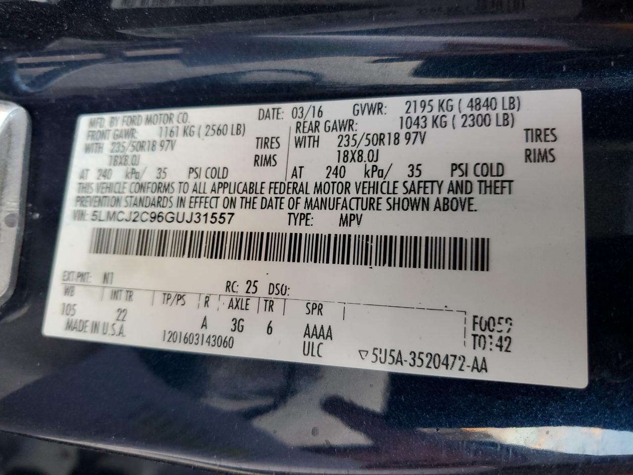 2016 Lincoln Mkc Select VIN: 5LMCJ2C96GUJ31557 Lot: 62386915