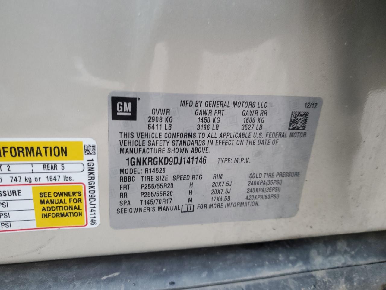 2013 Chevrolet Traverse Lt VIN: 1GNKRGKD9DJ141146 Lot: 84679774