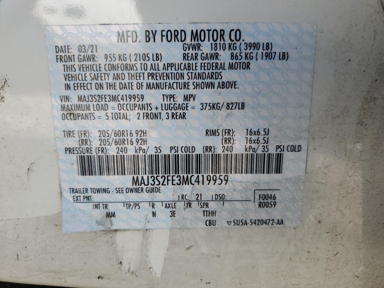 2021 Ford Ecosport S VIN: MAJ3S2FE3MC419959 Lot: 84242444