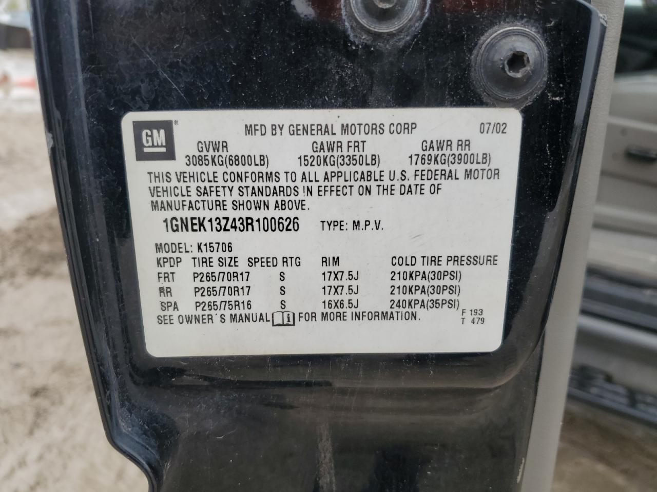 2003 Chevrolet Tahoe K1500 VIN: 1GNEK13Z43R100626 Lot: 83871334