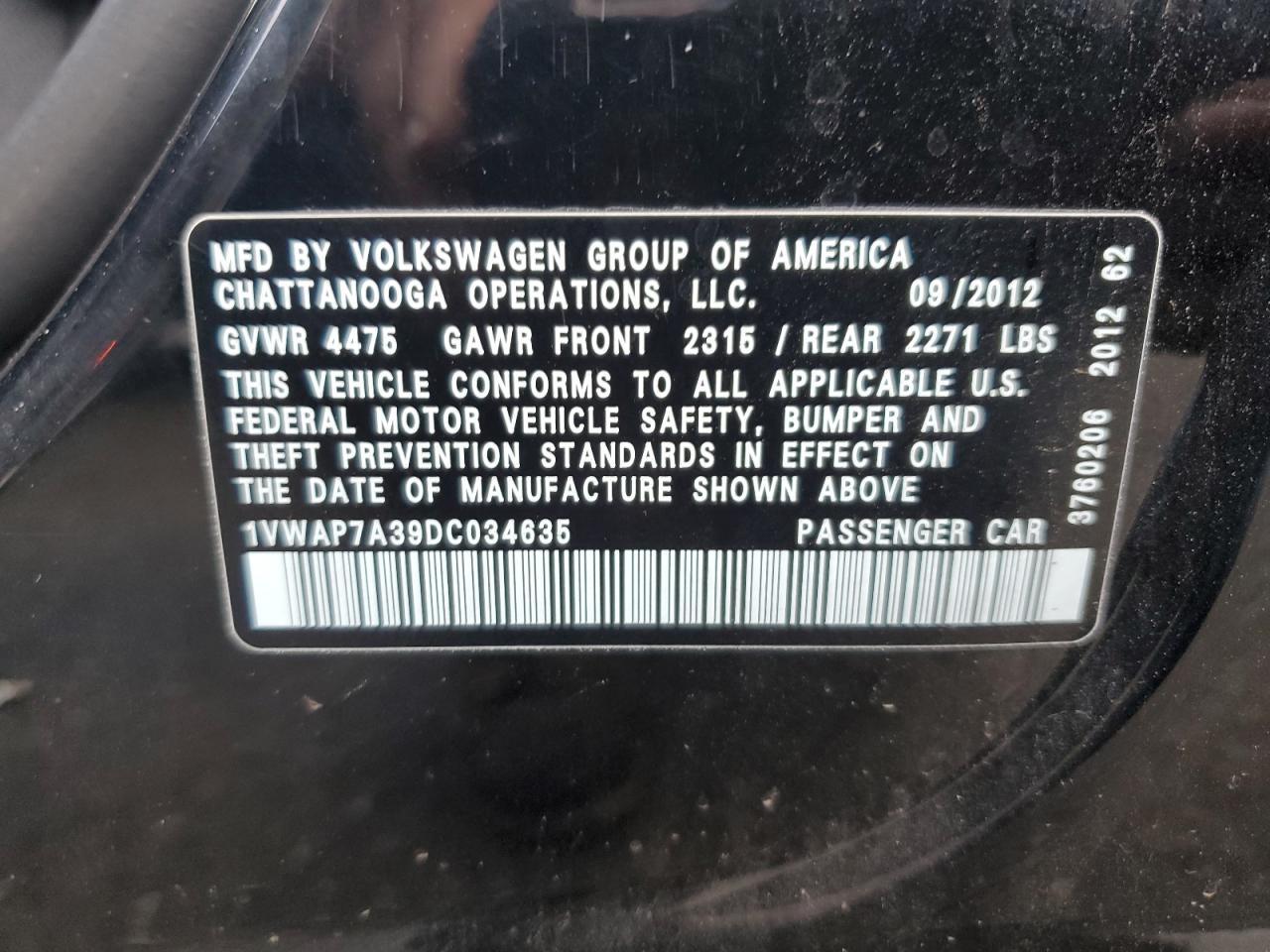 VIN 1VWAP7A39DC034635 2013 VOLKSWAGEN PASSAT no.12