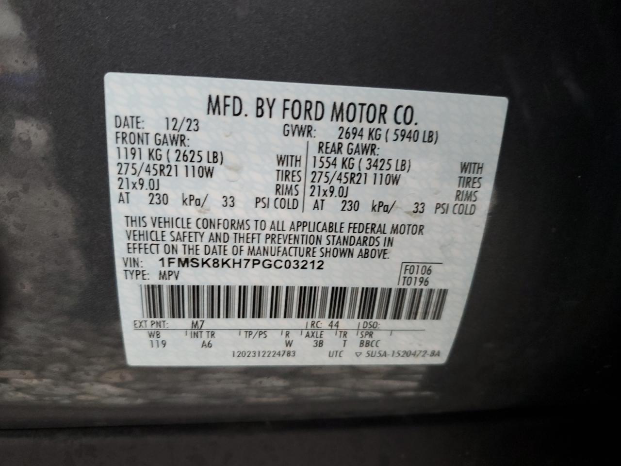 2023 Ford Explorer St-Line VIN: 1FMSK8KH7PGC03212 Lot: 84422184