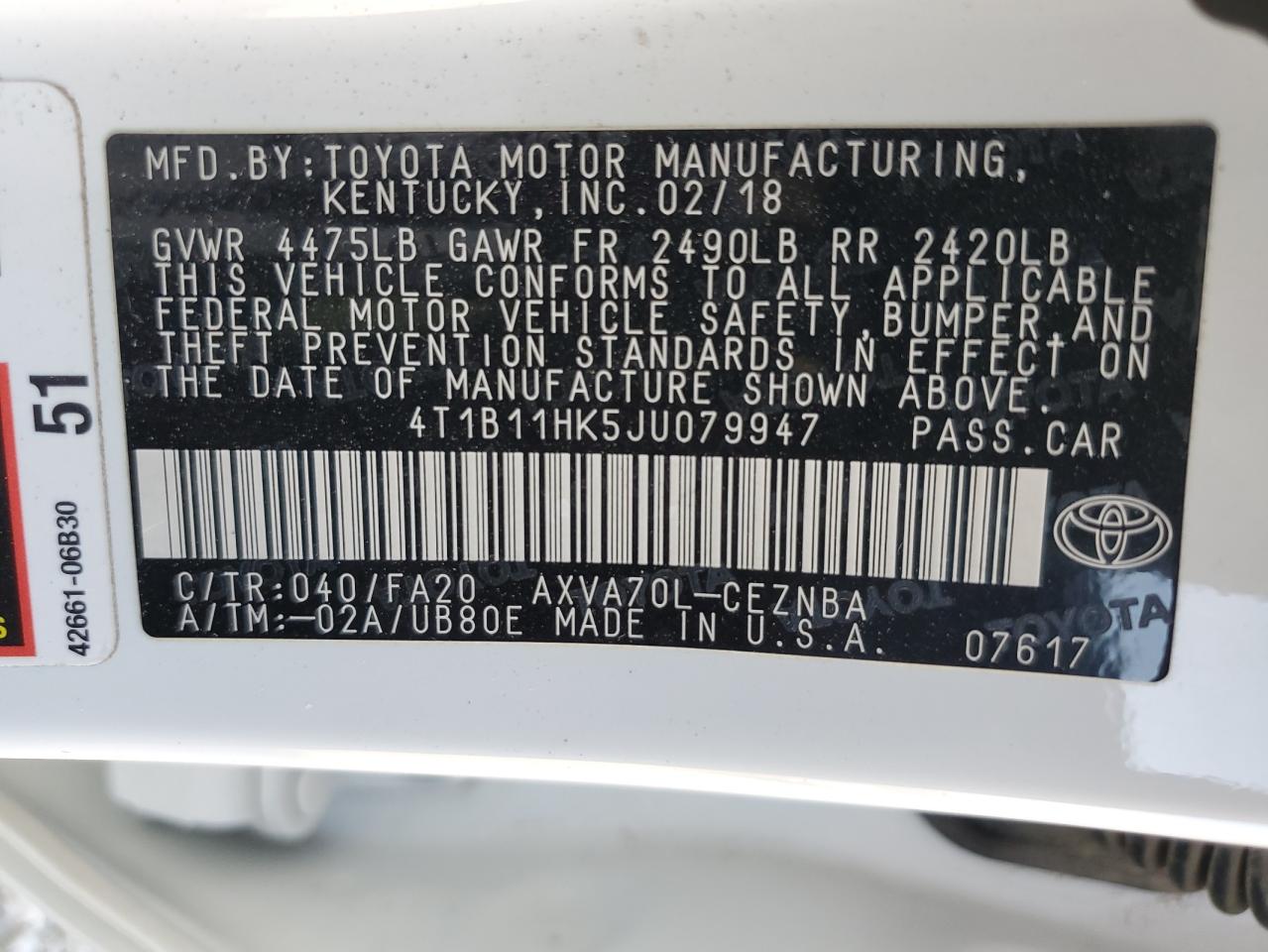 VIN 4T1B11HK5JU079947 2018 TOYOTA CAMRY no.12