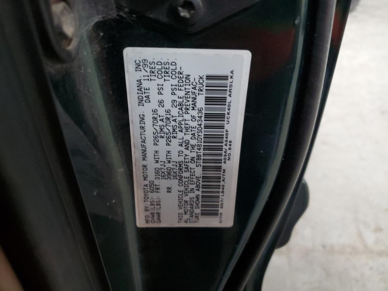 2000 Toyota Tundra Access Cab Limited VIN: 5TBBT4810YS043436 Lot: 85669464